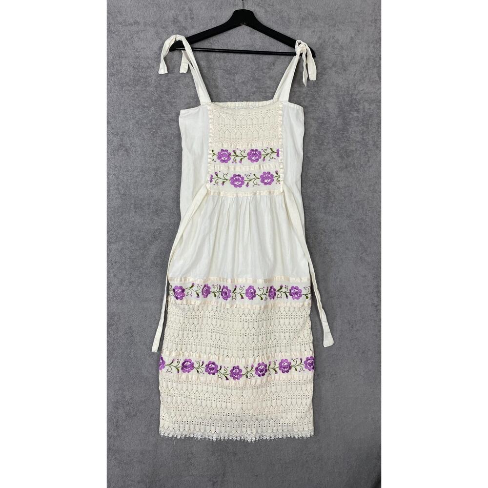 Dress Women S White Floral Embroidered Tie-Strap Smocked Cottage Boho Hippie